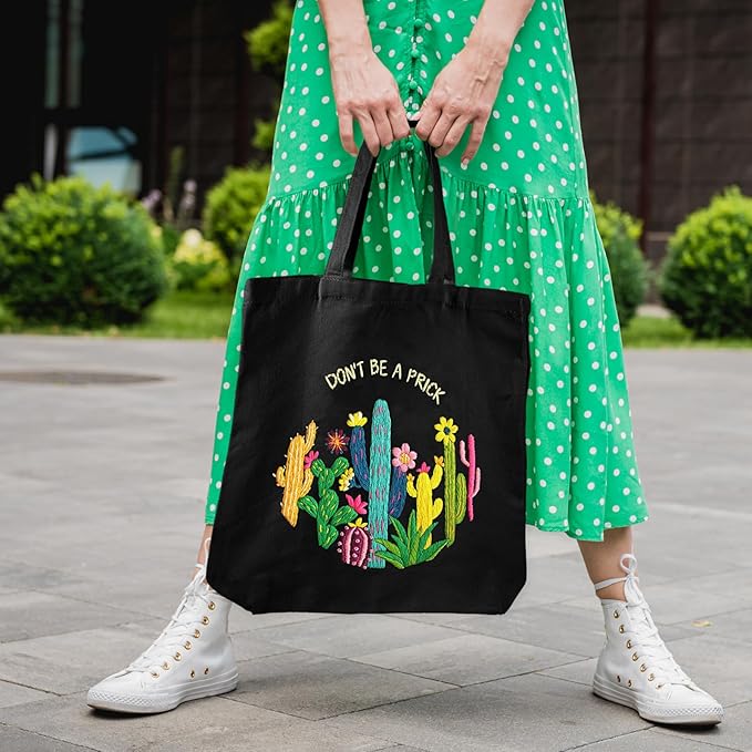 Louise Maelys Cactus Embroidery Kit Canvas Tote Bag for Beginners,Cross Stitch Kits for Adults,DIY Funny Plant Flowers Pattern,Women Shopping Reusable Grocery Bags