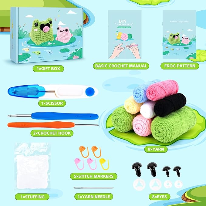 Crochet Kit for Beginners - Frog Family Crochet Kits with Step-by-Step Video Tutorials, Beginner Crochet Kit for Adults, 2 PCS Frogs and 3 PCS Tadpoles Crocheting Set