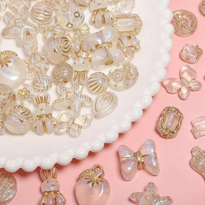 7.5 OZ Assorted Vintage Acrylic Beads for Jewelry Making, Song Xi Unique Flower Rose Czech Beads for Bracelet Earrings, Bohemia Style, Bulk, DIY Holiday Gift (240-260 PCS, AB Transparent)