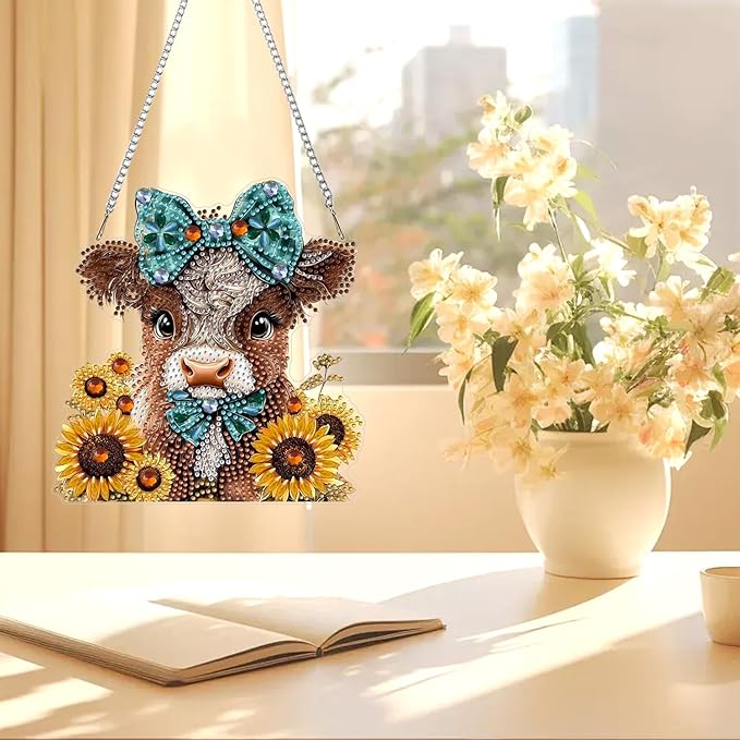 AIRDEA Hanging Diamond Painting Kits Cow,Special Shaped Diamond Art Kits for Beginner Sunflower and Calf Gem Art Pendant Decor,7.87x7.52in