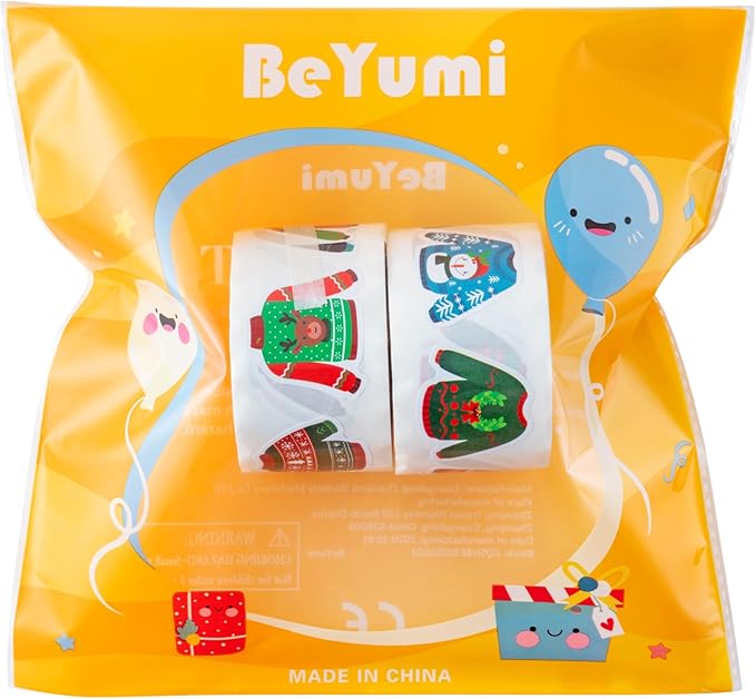 beyumi christmas sweater shaped sticker - 1000pcs christmas sweaters stickers in 2 rolls winter adhesive cute funny wintertime pullover sweater decal holiday party favor tag gift bottle decor for kids