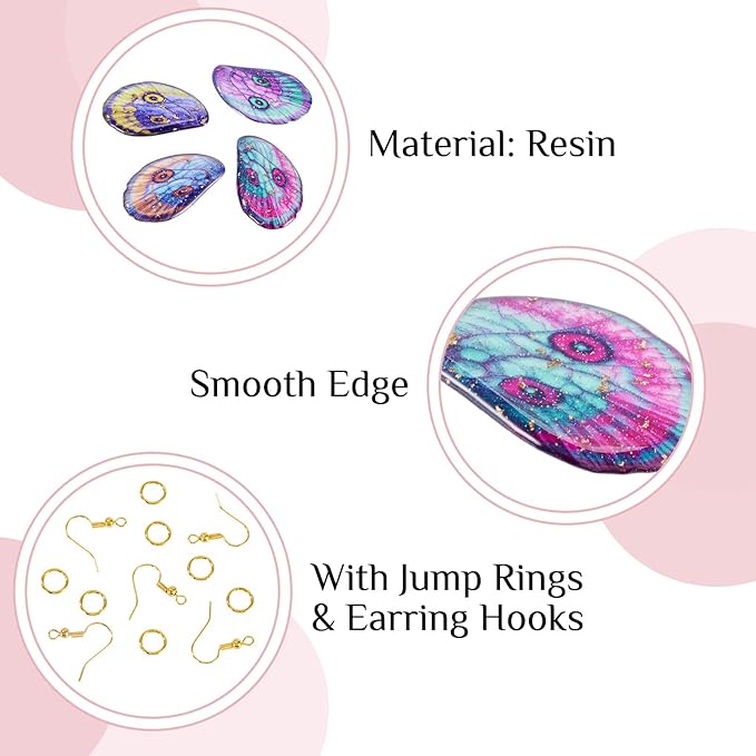 FASHEWELRY 16Pcs Resin Butterfly Wings Earring Charms Turquoise Pink Purple Fairy Wing Pendants Oaw Animals Print Feather Charms with Jump Rings Earrings Hooks for DIY Earring Jewelry Making