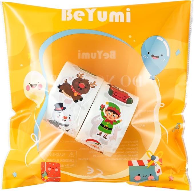 beyumi cute christmas sticker roll - 1000pcs christmas holiday stickers in 2 rolls waterproof vinyl xmas cute santa claus snowman candy cane decals gift party laptop bottle scrapbooking decor for kids
