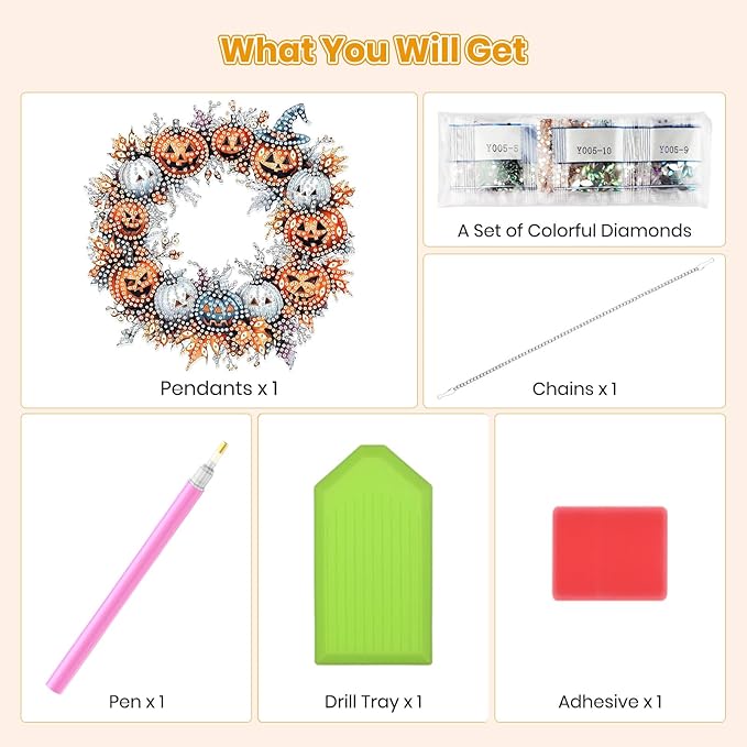 MOGTAA Fall Pumpkin Diamond Art Hanging Pendant Kits, Halloween Diamond Art Suncatchers for Adults, 5D Special Shape Diamond Painting Wreath Gem Art for Home Wall Decor