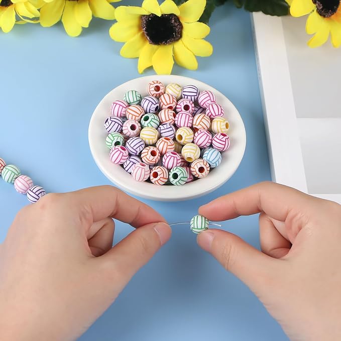 100pcs Volleyball Beads with 5.5 Yard Elastic Rope,Acrylic Sports Beads DIY Spacer for Necklace Bracelet Keychains Handmade Jewelry Making Accessories Craft Supplies,12mm(Rainbow Volleyball)
