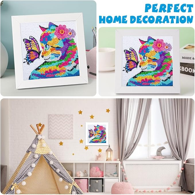 QEUOYSS Diamond Art Kit for Kids with Wooden Frame Art and Crafts for Kids Ages 6-8 -10-12 Easy to DIY Diamond Art for Kid and Adult Beginners Home Wall Decoration (Butterfly cat)