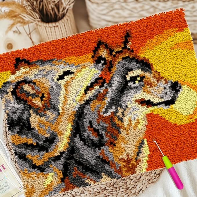 ORIGACH Wolf Latch Hook Rug Kit for Adults Printed Rug Making Kit Handmade Carpet Tapestry Cover with Hook Latch and Preprinted Canvas, Home Arts Crafts Sofa Decor, 20.5x15inch