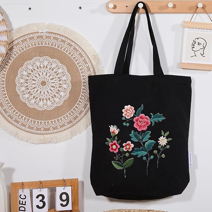 CREAWONDER Canvas Tote Bag Embroidery Kit with Pattern for Beginners, Arts and DIY Embroidery Crafts Kits for Adults, Include Instructions, Thimble, Embroidery Hoops, Color Threads and Tool