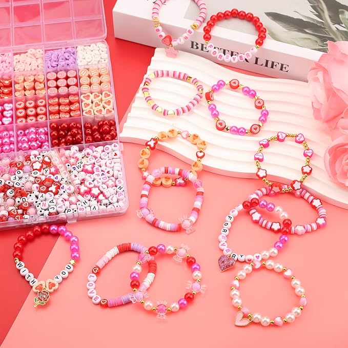 HSONAIGEE Valentine Beads Bracelet Making Kit, Assorted Valentine's Day Bead Pink Beads Polymer Clay Bead Heart Bead Charms for Jewelry Necklace Earring Making DIY Crafts