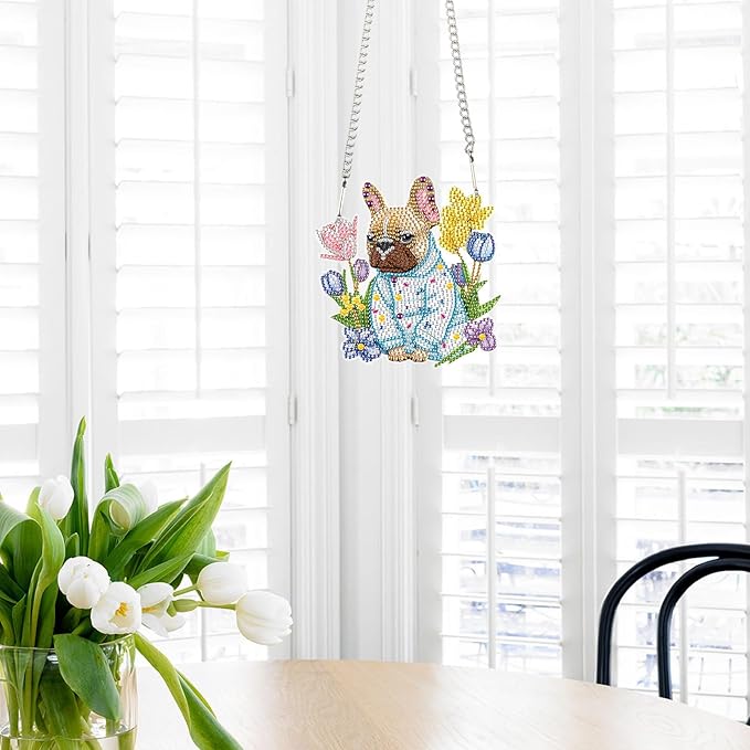AiYuanzsh Animal Dog Diamond Art Painting Kits Hanging Pendant, Flower Diamond Art Hanging Sign DIY Special Shaped Crystal Ornaments for Home Decor Gift