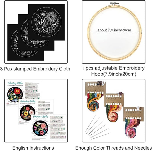 louise maelys 3 sets flowers embroidery kits for beginners,cross stitch kit for adults,crewel starters needlepoint with floral pattern,hoop,threads and instruction