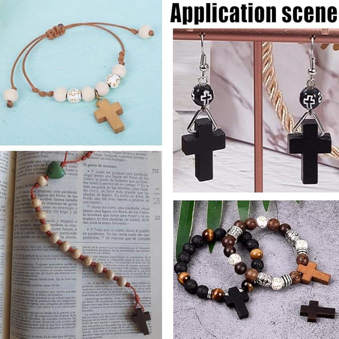 SUNNYCLUE 250Pcs Keychain Making Kits Wooden Cross Charm Wood Cross Bead Black White Natural Lava Rock Beads Mini Crucifix Charm Wood Cross Charms Split Key Ring for Keychains Bracelets DIY Crafts