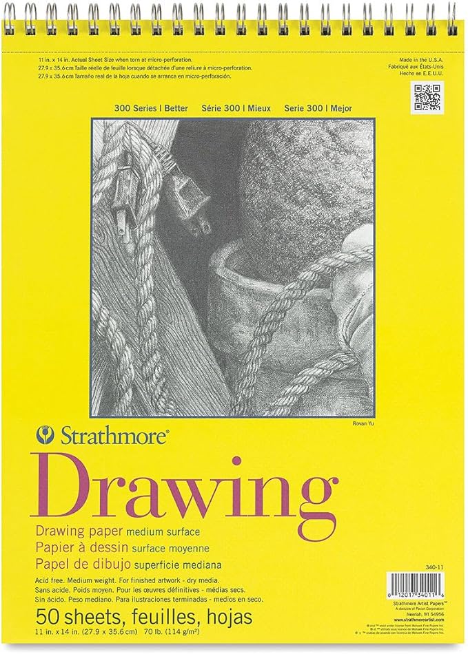 Strathmore 300 Series Drawing Paper Pad, Top Wire Bound, 11x14 inches, 50 Sheets (70lb/114g) - Artist Paper for Adults and Students - Charcoal, Colored Pencil, Ink, Pastel, Marker