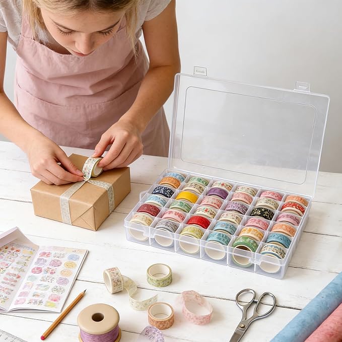 Washi Tape Organizer Box, 36 Grids Clear Plastic Box with Removable Dividers, Ideal for Washi Tape Storage and Carrying, Suitable for Storing Stationery, Jewelry, Beads, Art DIY Crafts, Art Supplies