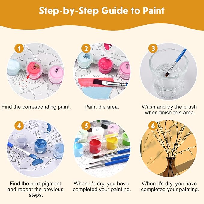 4 Pack Paint by Numbers Kit for Kids Beginner with Wooden Frame, Flowers in A Vase, Paint by Numbers Kit for Adults, Window Sill Sunlight Flower, DIY Painting Kits for Home Wall Decor 8x10 inch