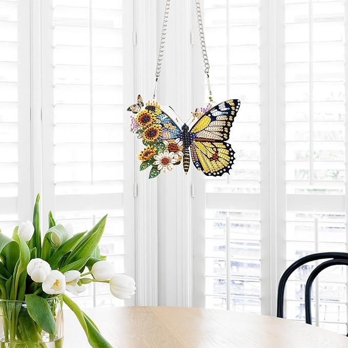 AiYuanzsh Butterfly Diamond Painting Kit Ornament with Hanging Chain DIY Diamond Art Hanging Pendant Paint by Number Stained Glass Wall Art for Adults Acrylic Crystal Hanging Home Wall Decor Gift