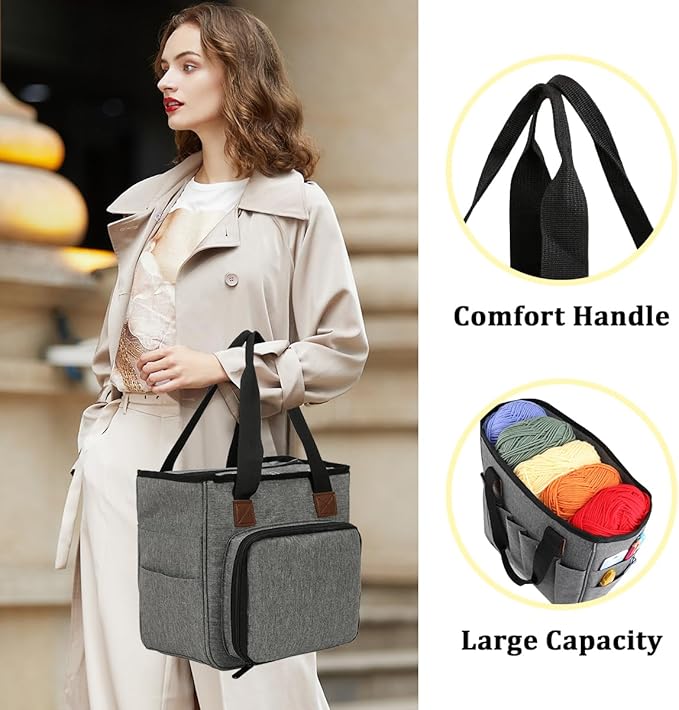 ZBEZBE Knitting & Crochet Tote Bag, Multi-Pocket Yarn Storage Organizer, Portable Yarn Holder for Knitting Needles, Crochet Hooks, Yarn Skeins & Craft Supplies