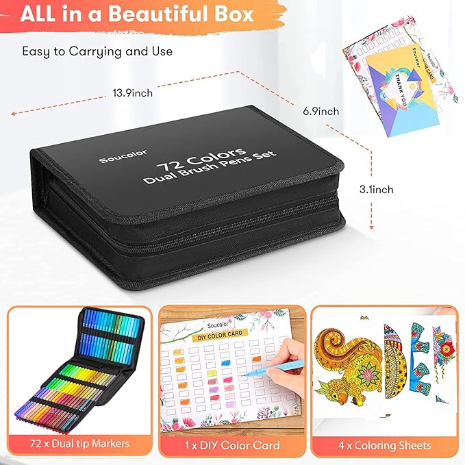Soucolor Art Supplies for Adults, 72 Colors Dual Tip Brush Fine Tip Markers, Art Kit Drawing Set with Art Case Coloring Set, Art Set Art Supplies