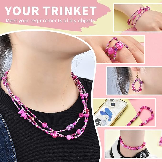 Rired 27 8mm Round Glass Beads Kit, Craft Beads for Bracelet Making, Hot Pink Color with 4mm Bicone Crystal Beads, 2-4mm Spacer Seed Beads for Jewelry Making, Necklace, Phone Charms, DIY Earrings