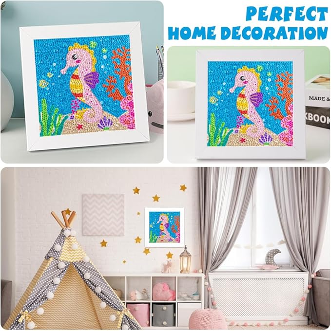 QEUOYSS Diamond Art Kit for Kids with Wooden Frame Art and Crafts for Kids Ages 6-8 -10-12 Easy to DIY Diamond Art for Kid and Adult Beginners Home Wall Decoration (Hippocampus)