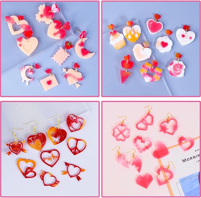 4 Pack Heart Resin Earring Molds Love Heart Flower Shape Earring Silicone Molds for Mother's Day Epoxy Casting UV Resin Molds with 200 Earring Hook kit for DIY Crafts Jewelry Making Keychains Pendant