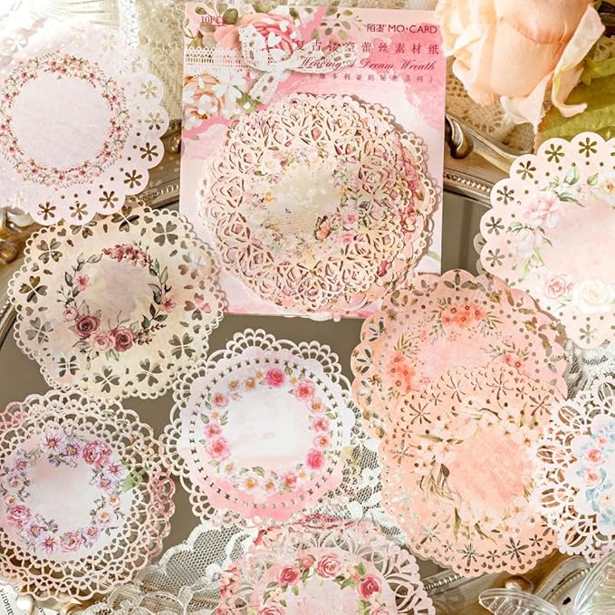 Antique Cutouts Lace Edge Scrapbook Paper, 60Pcs Decorative Floral Backround Paper for Scrapbooking, Journaling, Collage, Card Making, Junk Journal Supplies, Album Art Crafts