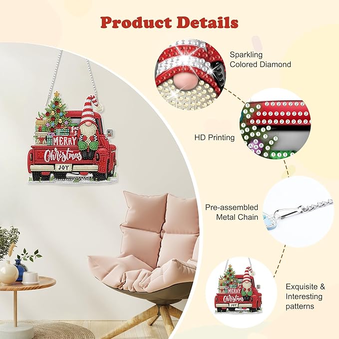 HEIBAGO Gnome Red Truck Diamond Art Hanging Kits for Adults Kids, 5D Special Shaped Crystal Diamond Painting Kit, DIY Pattern Window Pendant Gem Art Kit for Home Wall Decor 8.3 x 8.3 Inch