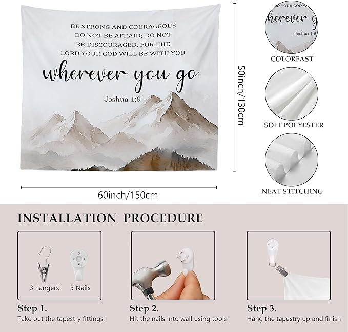 MNASAIOO Christian Mountian Lord Wall Tapestry Hanging for Bedroom, Bible Verse Scripture Joshua 1:9 Tapestries, Watercolor Religious Wall Decor Banner for Living Room Prayer Room Church 50x60in