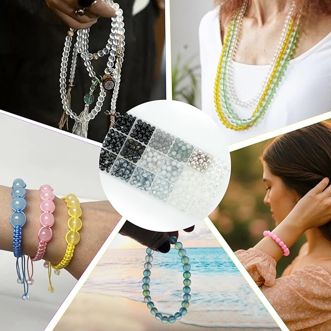 Hanyoung 8mm Glass Beads for Bracelet Punk Style, Black and White 48 Colors 1450 pcs Beads for Jewelry Making kit, Crystal Glass Round Beads for DIY Crafts Gifts (Black & White Color)