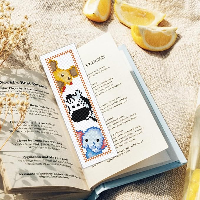 ORIGACH 6 Set Animals Cross Stitch Bookmark Kit for Beginner with Backing Felt Floss Instructions DIY Stamped Embroidery Bookmark Kit for Adults, Book Lovers