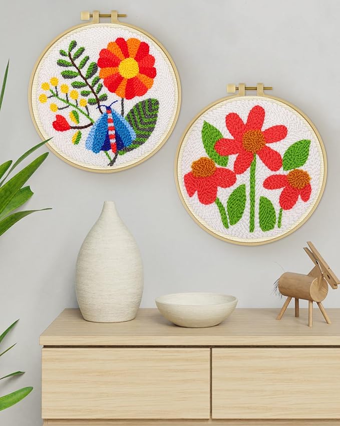 ERKOON Punch Needle Kit Adults Beginners, 2 Pcs DIY Easy Flower Embroidery Set for Starter Art Craft, Needling Punching Project with Patterns, Tools, Yarns, Hoop, Instruction (Safflower)