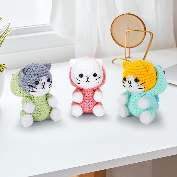 Crochet Kit for Beginners - 3 PCS Dinosaur Cat Crochet Kits with Step-by-Step Video Tutorials, Beginner Crochet Kit for Adults, Crochet Animal Kit for Starters, Cat Dressed as Dinosaur Crochet Set