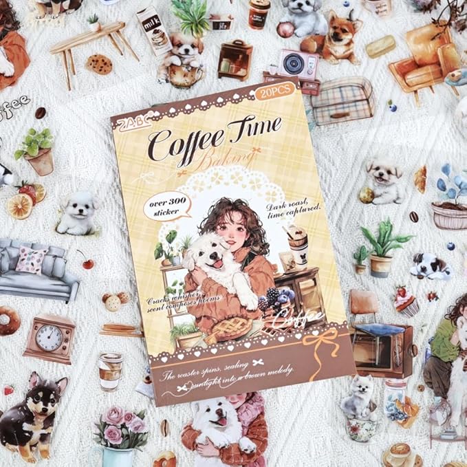 Journal Sticker Book for Journaling and Scrapbooking, Women Pet Coffee Time Theme, 20 Sheets 3.9x5.9 inches, Precut Clear PET Stickers for Junk Journal Supplies, Collage, Scrap Booking