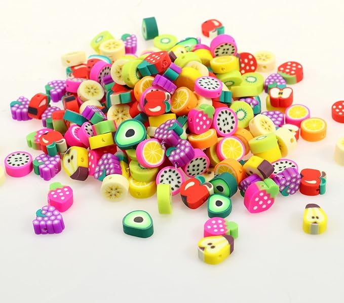 200PCS Colorful Fruit Polymer Clay Beads Kit - 10mm Mixed Fruit Spacer Beads for Jewelry Making DIY Bracelet Necklace