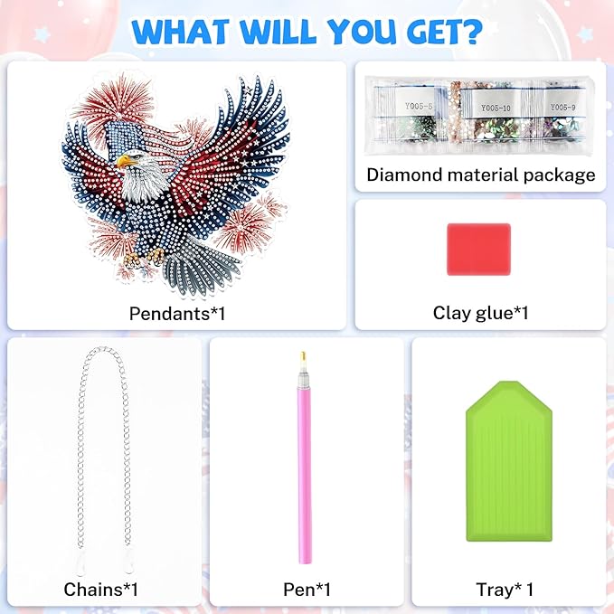 Bowetile Independence Day Bald Eagle 5D Diamond Art Hanging Kits for Adults, 4th of July Diamond Painting Window Pendant Kits, Special Shape Gem Art Suncatchers Ornament for Home Garden Wall Decor