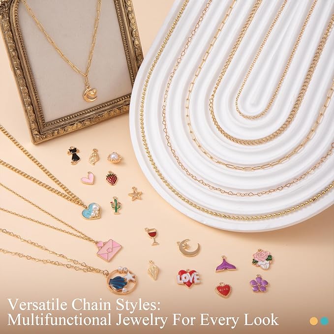 HUISUYTON 16.4 FT Gold Chain for Jewelry Making, Jewelry Making Chains Kit with Jump Rings/Lobster Clasps/Connectors/Charms/Pliers, Stainless Steel Necklace Chains for DIY Craft