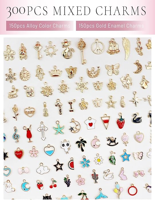 JIALEEY 300Pcs Assorted Gold-Plated Enamel Charms for Jewelry Making - Earring, Necklace, Bracelet