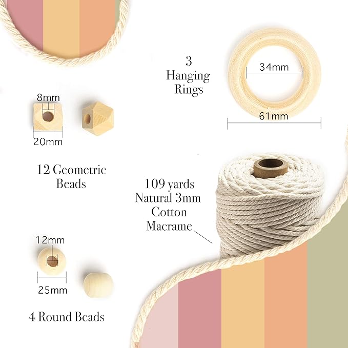 macrame kit - makes 3 macrame plant hangers with easy to follow instructions for adult beginners - includes 109 yards 3mm cotton macrame cord, natural wooden beads & custom instruction booklet