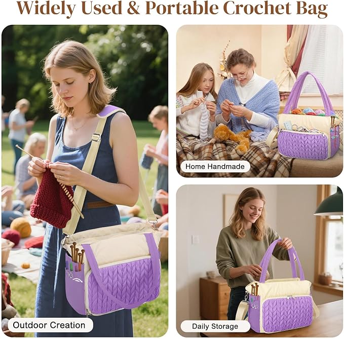DALINDA Crochet Bag Organizer,Yarn Bag and Tote- Yarn Storage with Multiple Pockets for Crochet Supplies, Knitting Bag for gifts,Portable & Durable(Brown)
