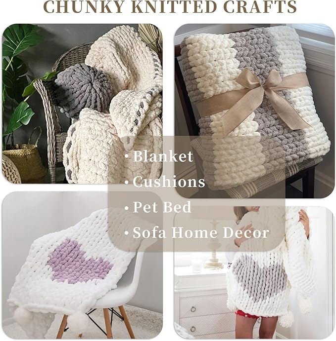 SUNTQ 8 Pack Jumbo Chunky Chenille Yarn for Crocheting, Bulky Thick Fluffy for Hand Knitting Blanket, Soft Plush Knitting Yarn for Cushions,Home Decor, Light Khaki(32 yds,8.8 oz Each Skein)