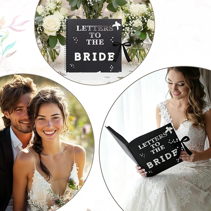 12 x 12 Inch Letters to The Bride Scrapbook Wedding Scrap Book Letters To The Bride Book Bridal DIY Blank Paper Scrapbook Photo Album with Pearl Stickers, Metallic Letters, Bows(Black)