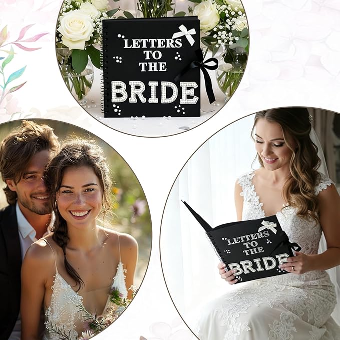 8 x 8 Inch Letters to The Bride Scrapbook Wedding Scrap Book Letters To The Bride Book Bridal DIY Blank Paper Scrapbook Photo Album with Pearl Stickers, Metallic Letters, Bows(Black)