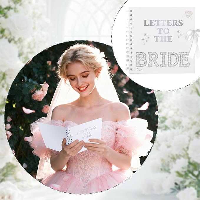 Draupnir 8 x 8 Inch Letters To The Bride Scrapbook Wedding Memory Book with Pearl Lace Wedding Metallic Letters Stickers Bows Pen Bridal DIY Blank Paper Scrapbook Photo Album Guest Book Sign