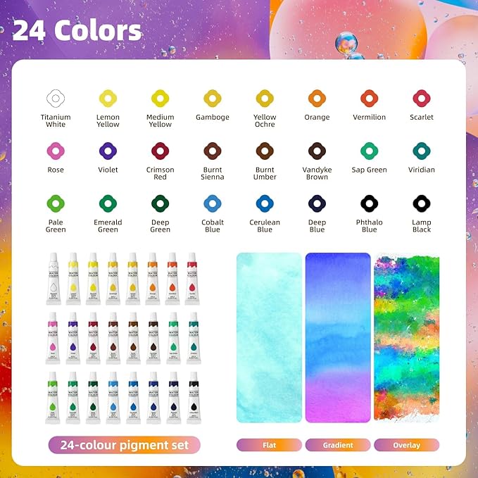 Mini Watercolor Paint Set, Travel Paint Kit, Pocket-Sized Art Supplies with 24 Colors, Paint Paper Pad, Water Brush Pens & Clips for Beginners, Adults and Outdoor Sketching