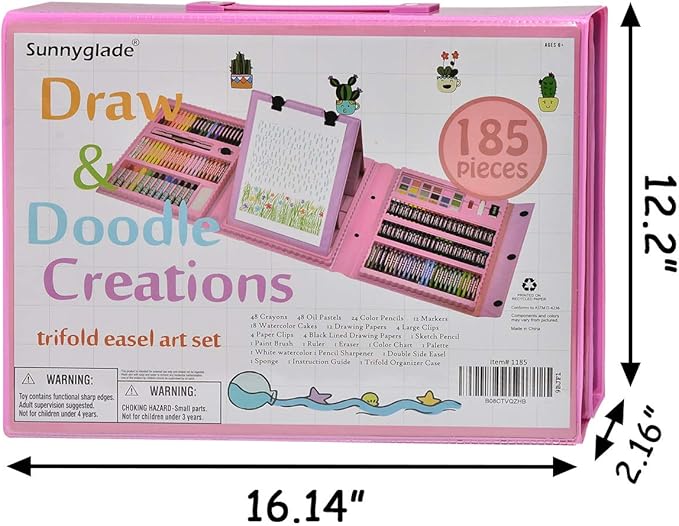 Sunnyglade 185 Pieces Double Sided Trifold Easel Art Set, Drawing Art Box with Oil Pastels, Crayons, Colored Pencils, Markers, Paint Brush, Watercolor Cakes, Sketch Pad (Pink)