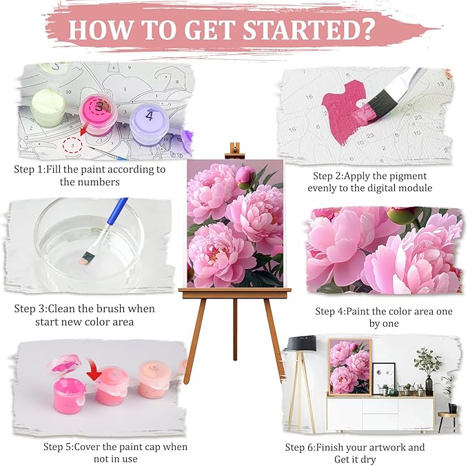 MAXBYE Pink Peony Paint by Numbers for Adults, Flower Paint by Number on Canvas Without Frame, DIY Easy Oil Painting for Home Wall Decor Gift 12x16inch