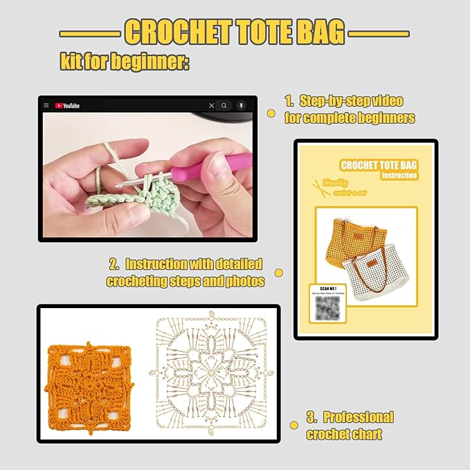 Herally Crochet Kit DIY Bag for Beginners - Include Yarn, Hook and Accessory - with Step by Step Video Tutorials - Crochet Tote Bag (Caramel)
