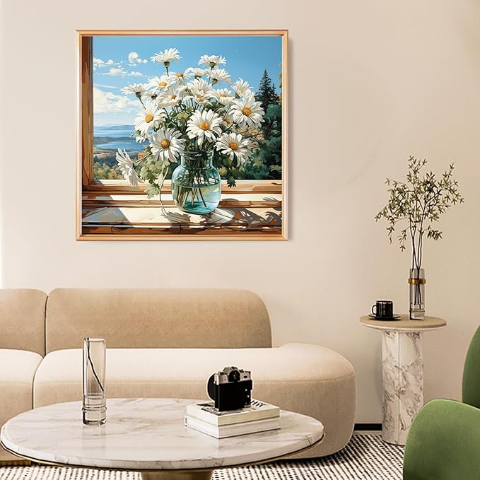 Fountor Daisy Diamond Art Kits for Adults, Flowers Landscape Diamond Painting Kits for Adults Beginners, Flower 5D Round Full Drill Gem Art Kits DIY Crafts Kits for Home Wall Decor 14x14 Inch