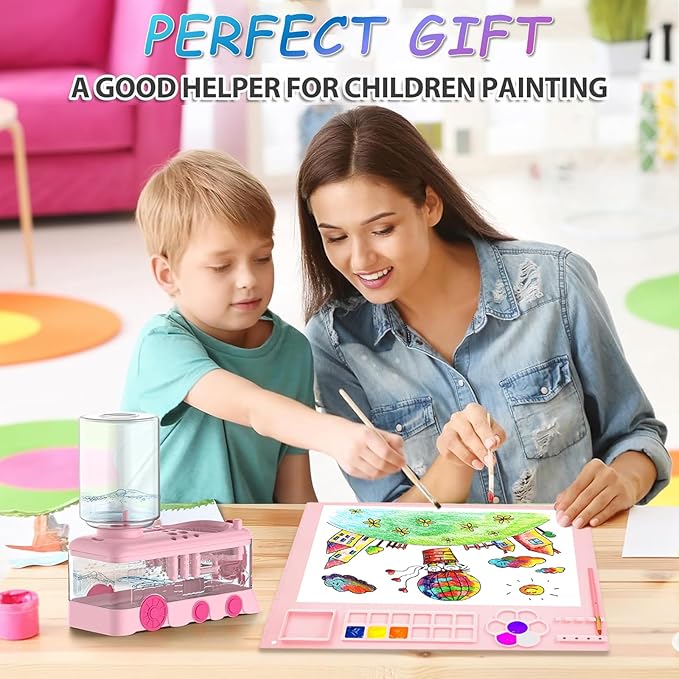 Paint Brush Cleaning Kit for Kids with 5 Brushes, Art Smock, Washable Mat, Guidebook, Spiral Brush Cleaner Jar for Watercolor(Pink)