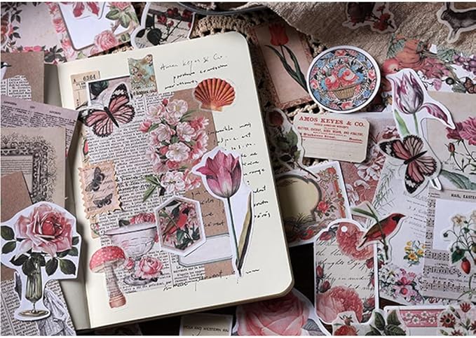 Alideco 200pcs Vintage Scrapbook Supplies Kit Kawaii Mushrooms, Flowers Scrapbooking Paper Washi Bullet Journals Planners Collage Album Aesthetic Cottagecore